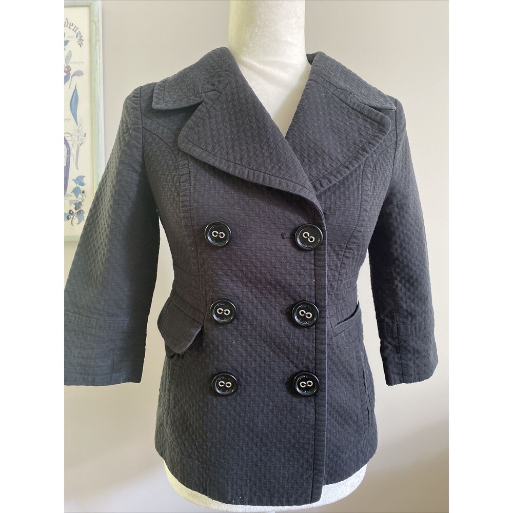Women blazer jacket Black Buttons XS 2 3/4 Sleeve Collars Double-breasted Office